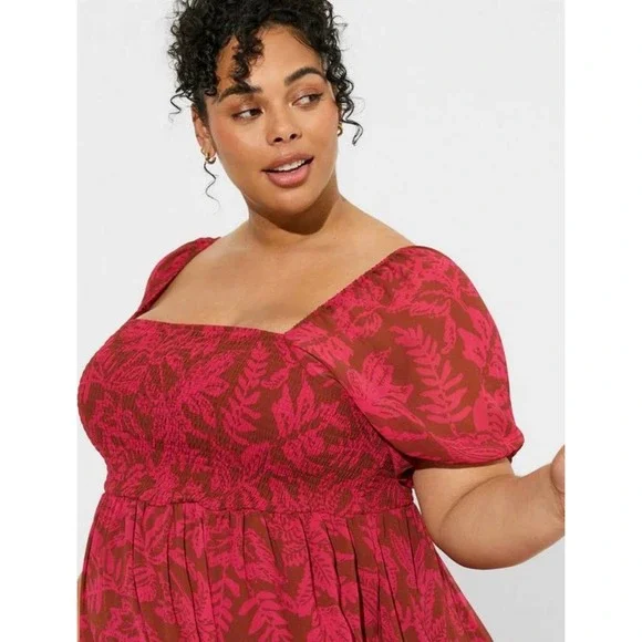 Torrid Women's Red Floral Tea Length Smocked Bodice A Line Midi Dress NWT - Picture 4 of 5